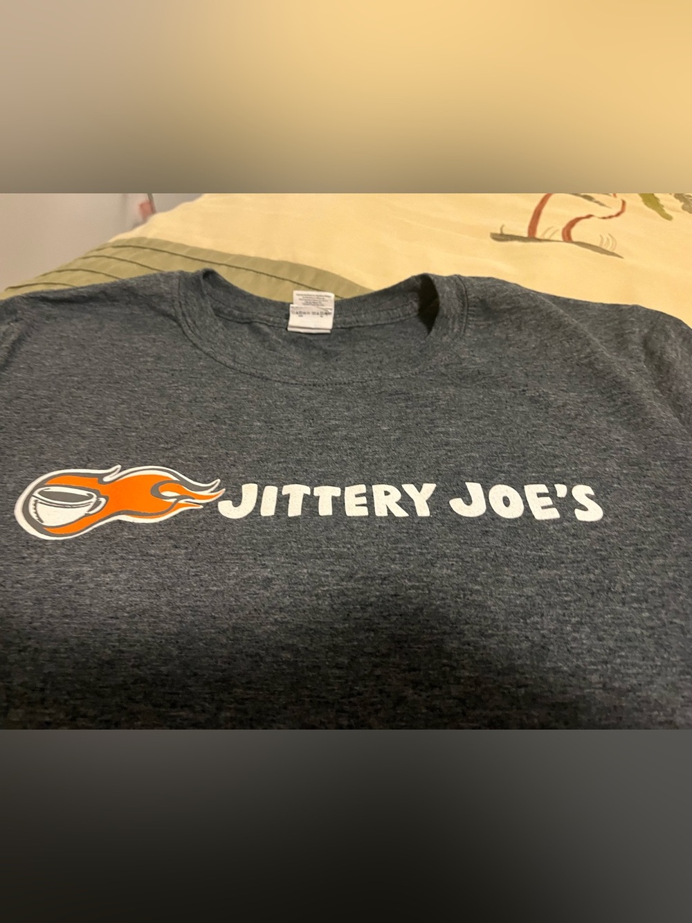 Gildan Dark Heather Gray 'Jittery Joe' Graphic Tee with Orange Accent